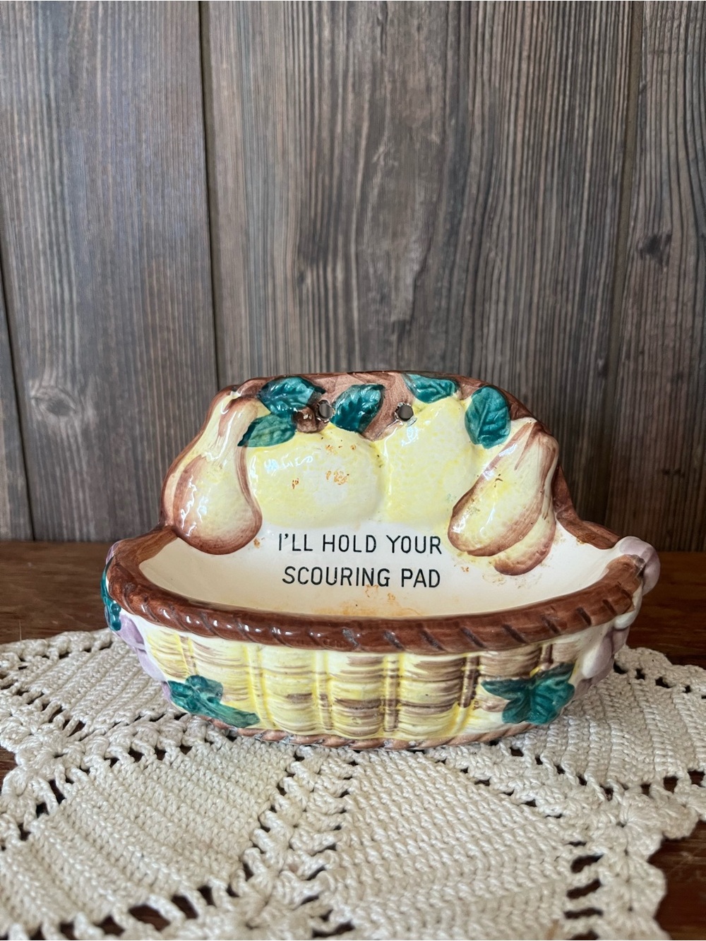 Ceramic Fruit Basket Scouring Pad Holder - Yellow & Brown